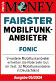 Siegel "Fairster Mobilfunk-Anbieter" von Focus Money, Ausgabe 05/2024